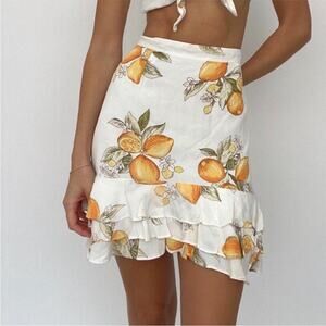 For Love & Lemons White Limonada Citrus Lemon Print Ruffle Mini Skirt Women's XS